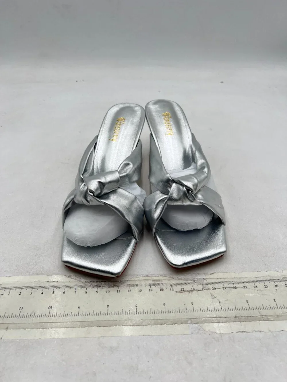 Wansseny Silver Open Square Toe Mid Heel Mules Slip On Ladies Summer Sandals